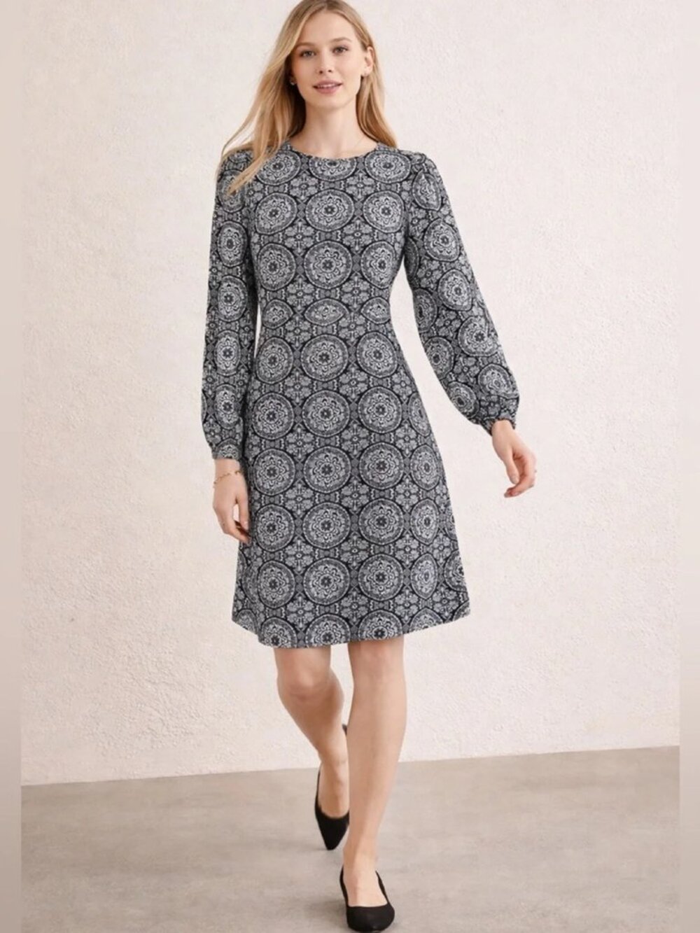 Boden Gray Crew Neck Medallion Printed Long Sleeve Mini Dress